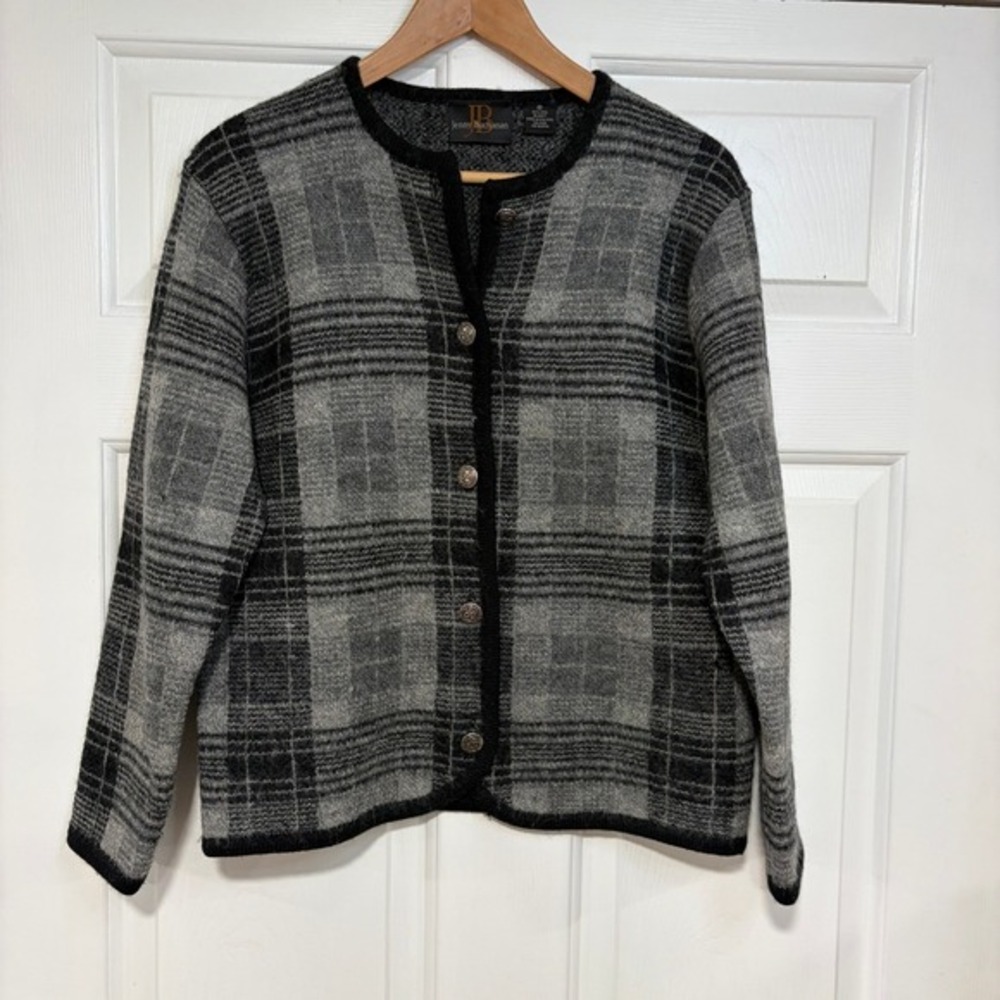 Wool Plaid Knit Cardigan Y2K Jenny Buchanan M Button Up Black Gray‎ Preppy Alt